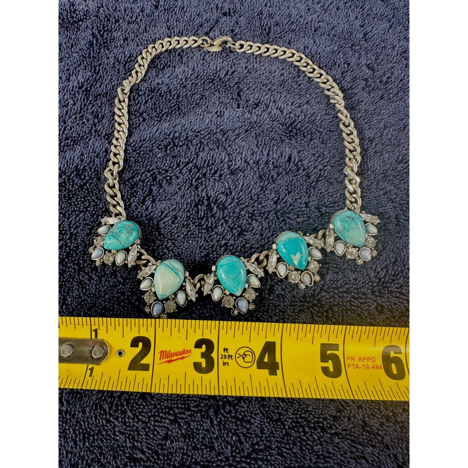 Express Turquoise Statement Necklace Silver Tone Rhinestone Bib 24$